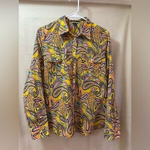 Lauren Ralph Lauren Yellow Paisley Button Up Shirt L Cotton Boho Western Style